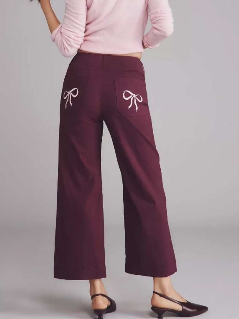 Anthropologie Maeve Colette Bow Pocket Crop Wide-Leg Pants Dried Plum 28 NEW